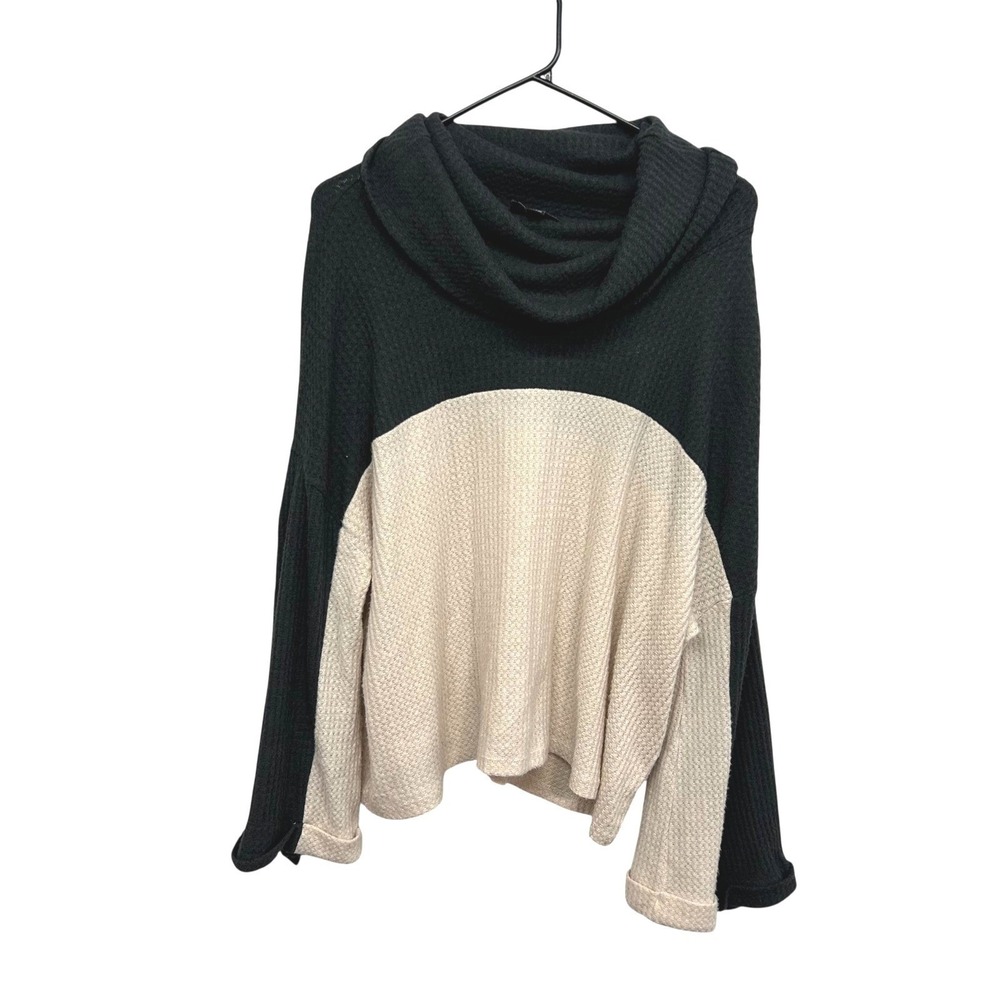 Minimalist Colorblock Cowl Neck Waffle Knit L Cozy Casual Top Gray Tan